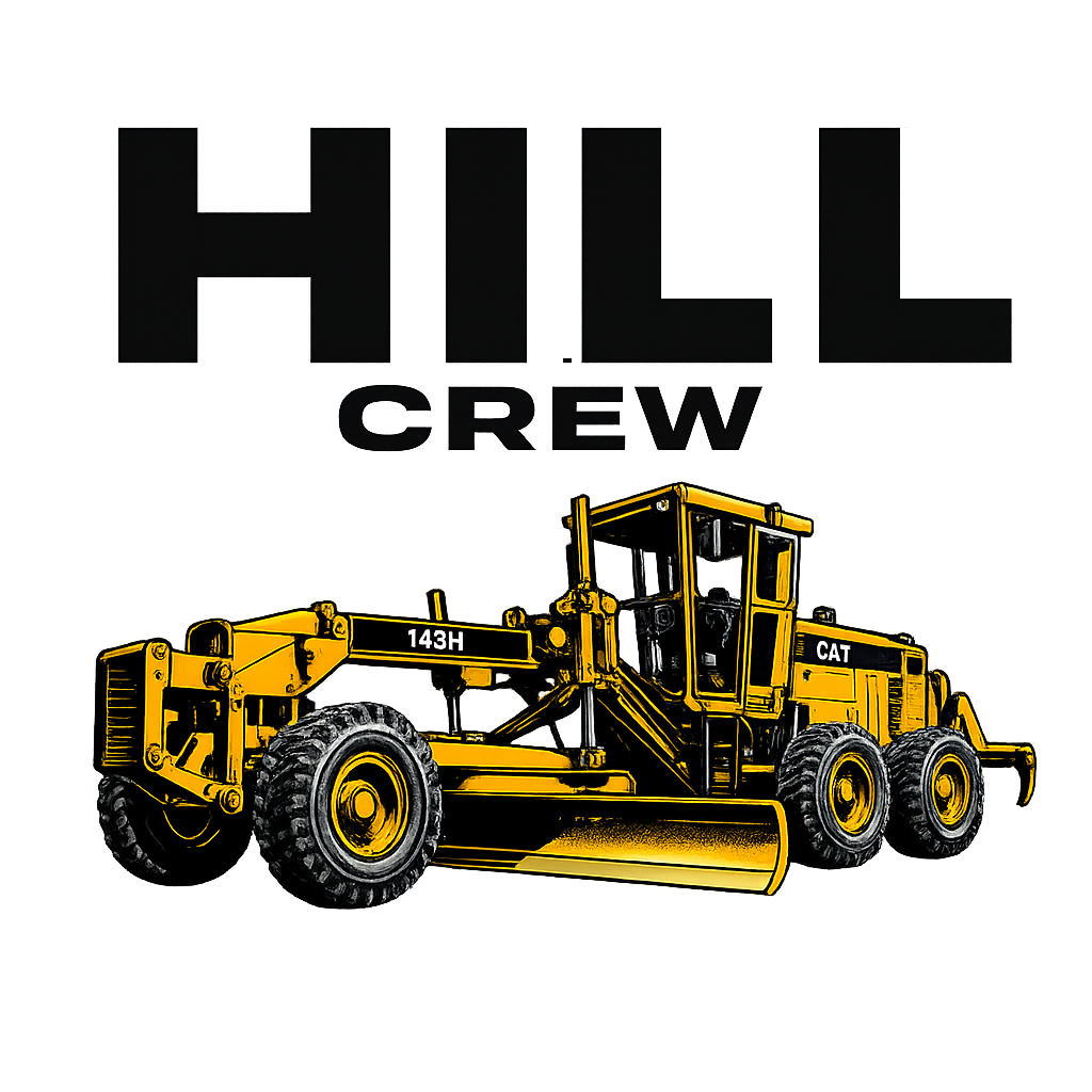 Hill Crew heavy equipment logo featuring a yellow road grader