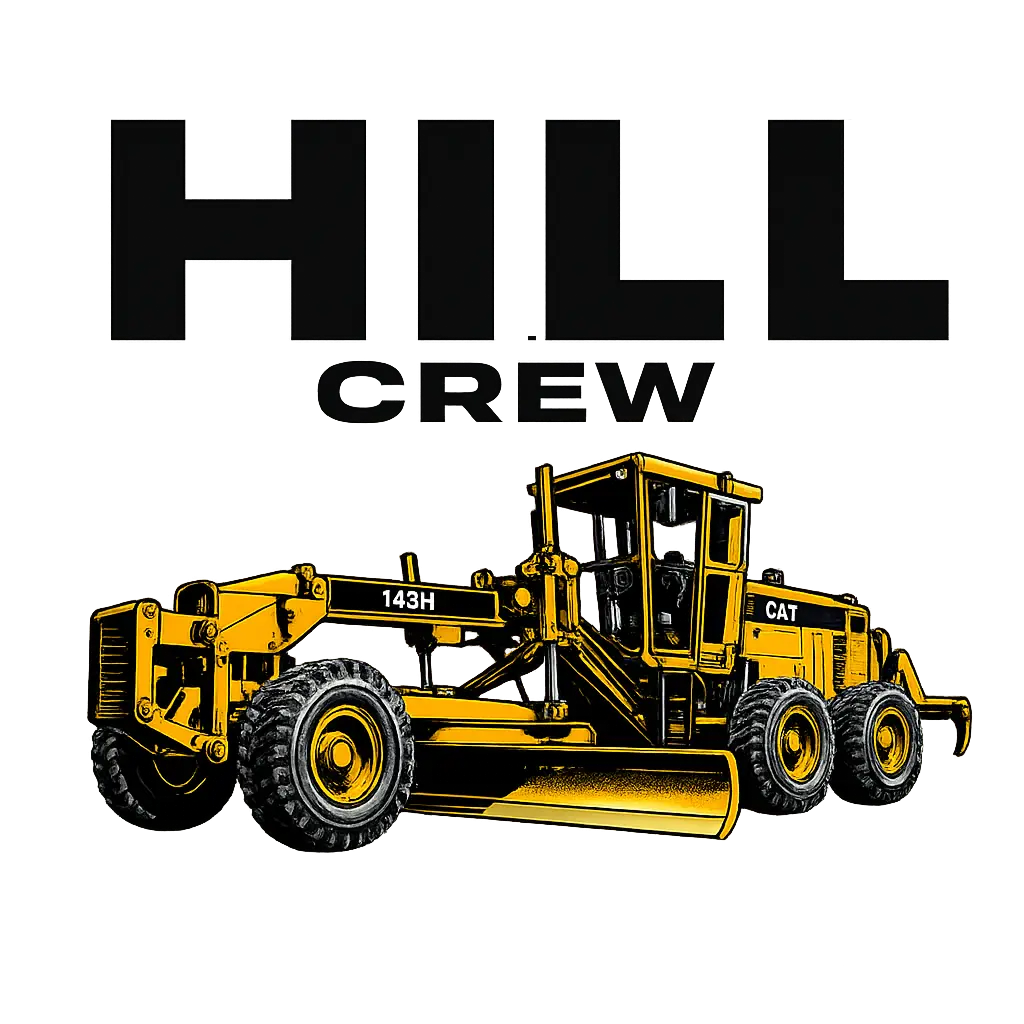 Hill Crew heavy equipment logo featuring a yellow road grader