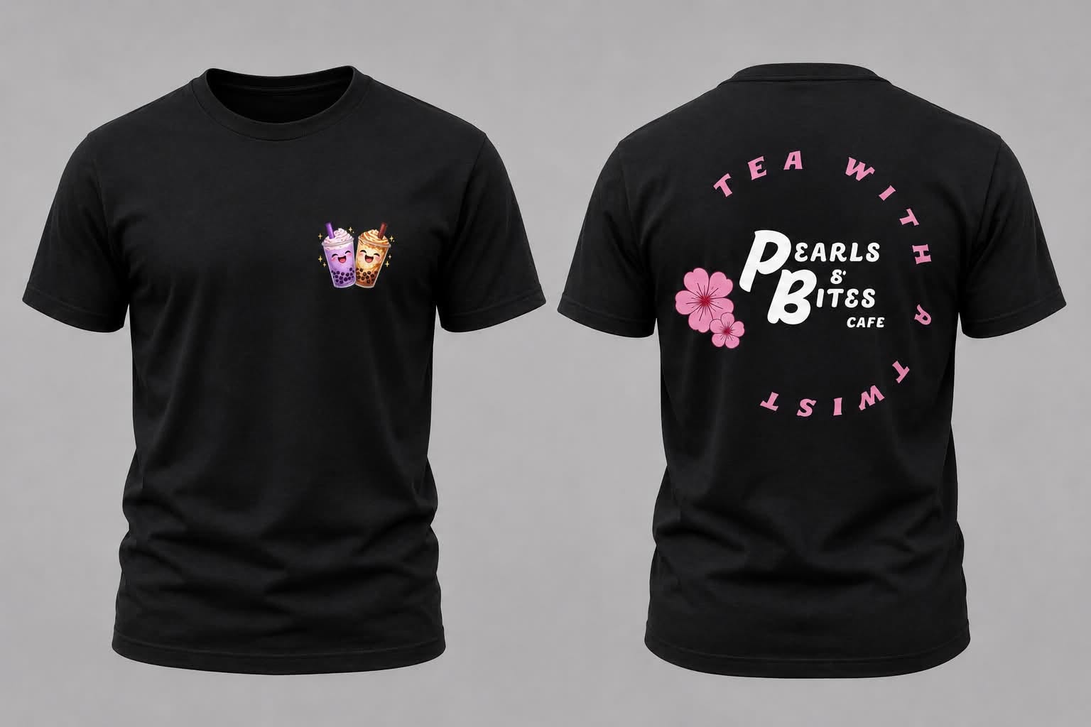 Pearls and Bites Cafe black shirt front and back mockup
